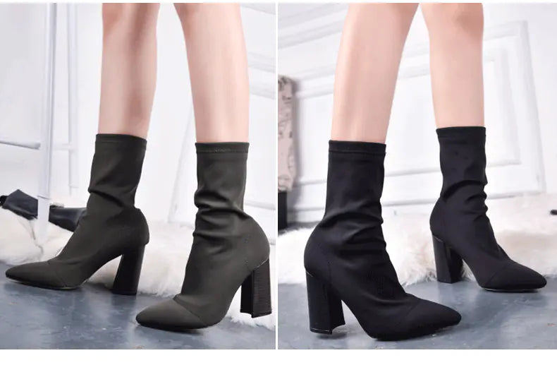2019 Women's Pointed Toe Knit Ankle Boots with Heels