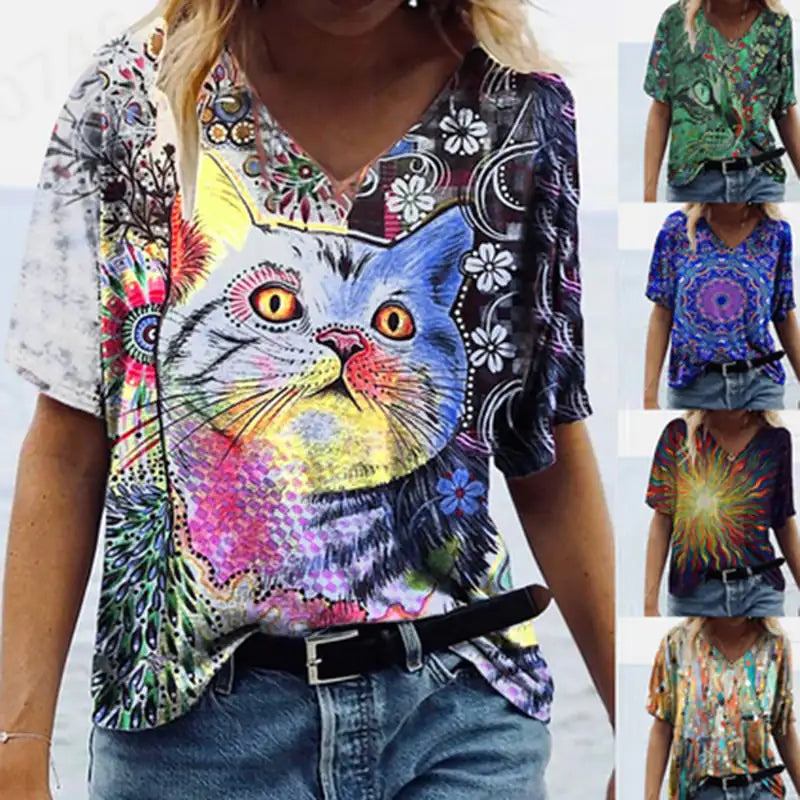 Neues bedrucktes Damen-T-Shirt mit V-Ausschnitt und kurzen Ärmeln