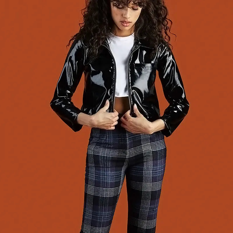 Retro Short Black Patent Leather Jacket for Women