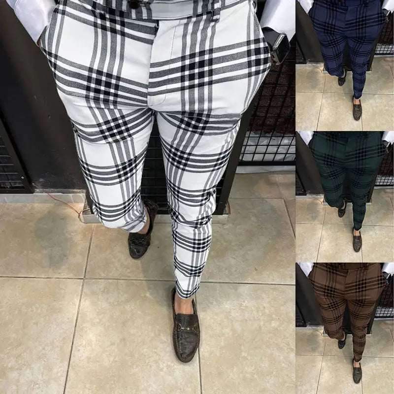 Men's Casual Pencil Pants with Large Plaid Stripes