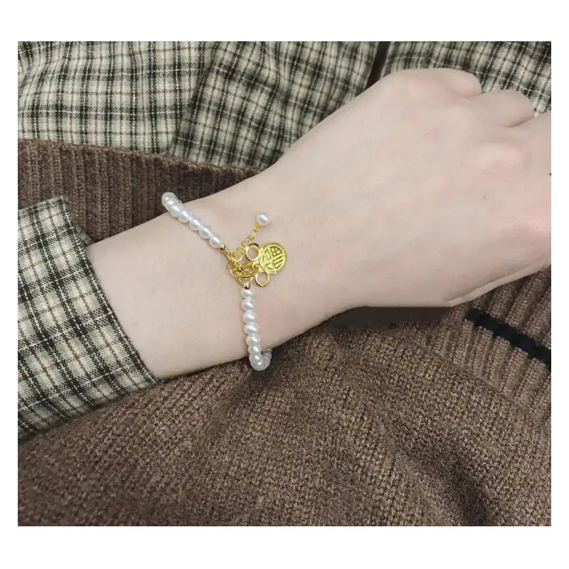 14K Gold-Plated Natural Pearl Bracelet with Bulb Charm