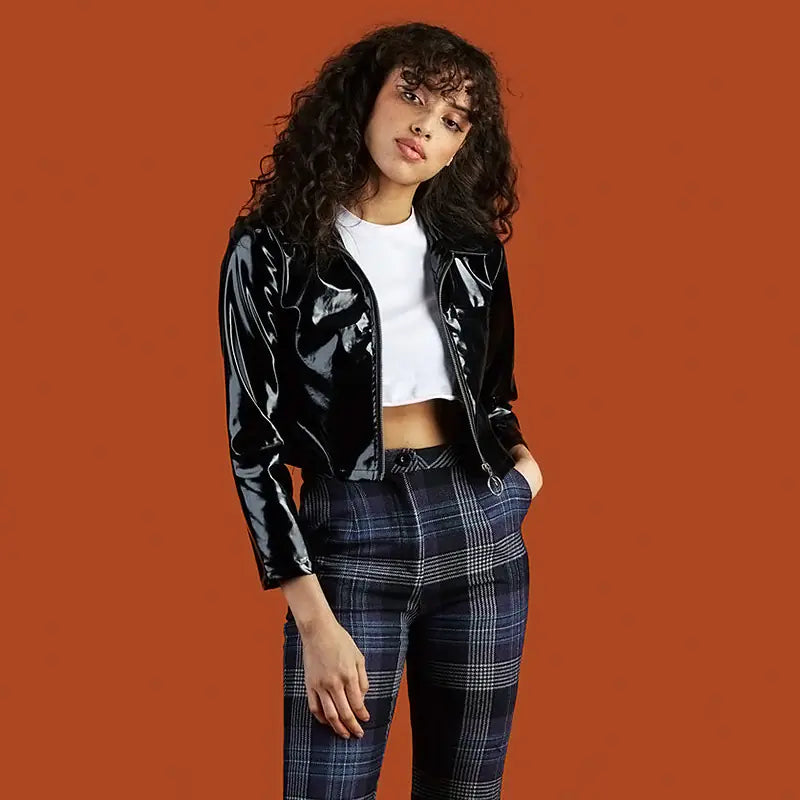 Retro Short Black Patent Leather Jacket for Women