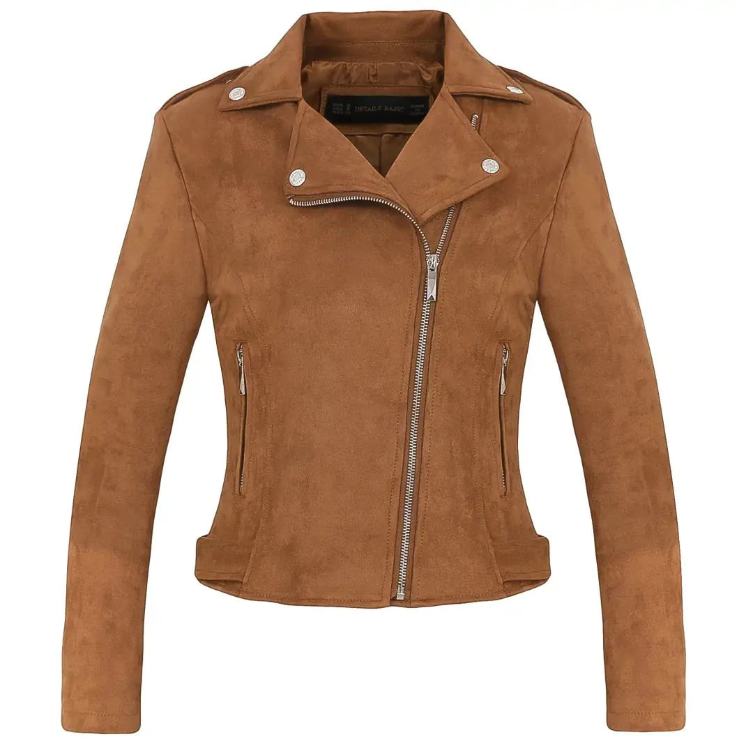 Short Women's Suede Jacket with Asymmetrical Zipper
