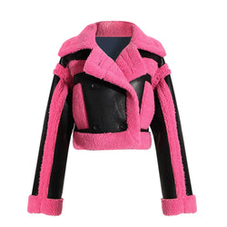 2023 Neue rosa Bikerjacke aus Kunstfell mit Kontrastfarben
