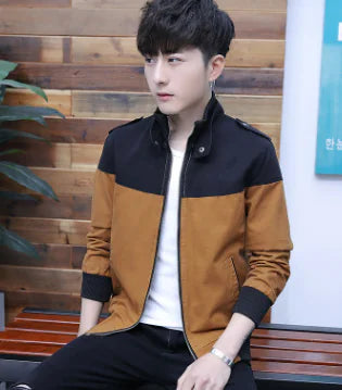 Men's Color Block Jacket - Casual Stand Collar Coat
