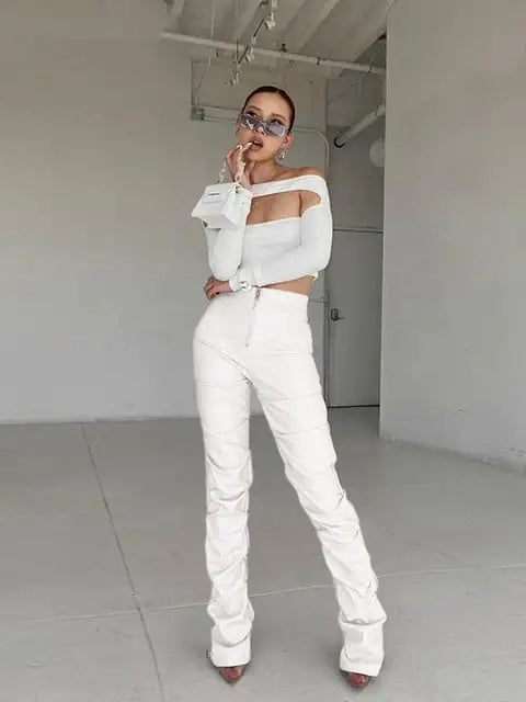 Pleated High Waist PU Leather Pants in Black
