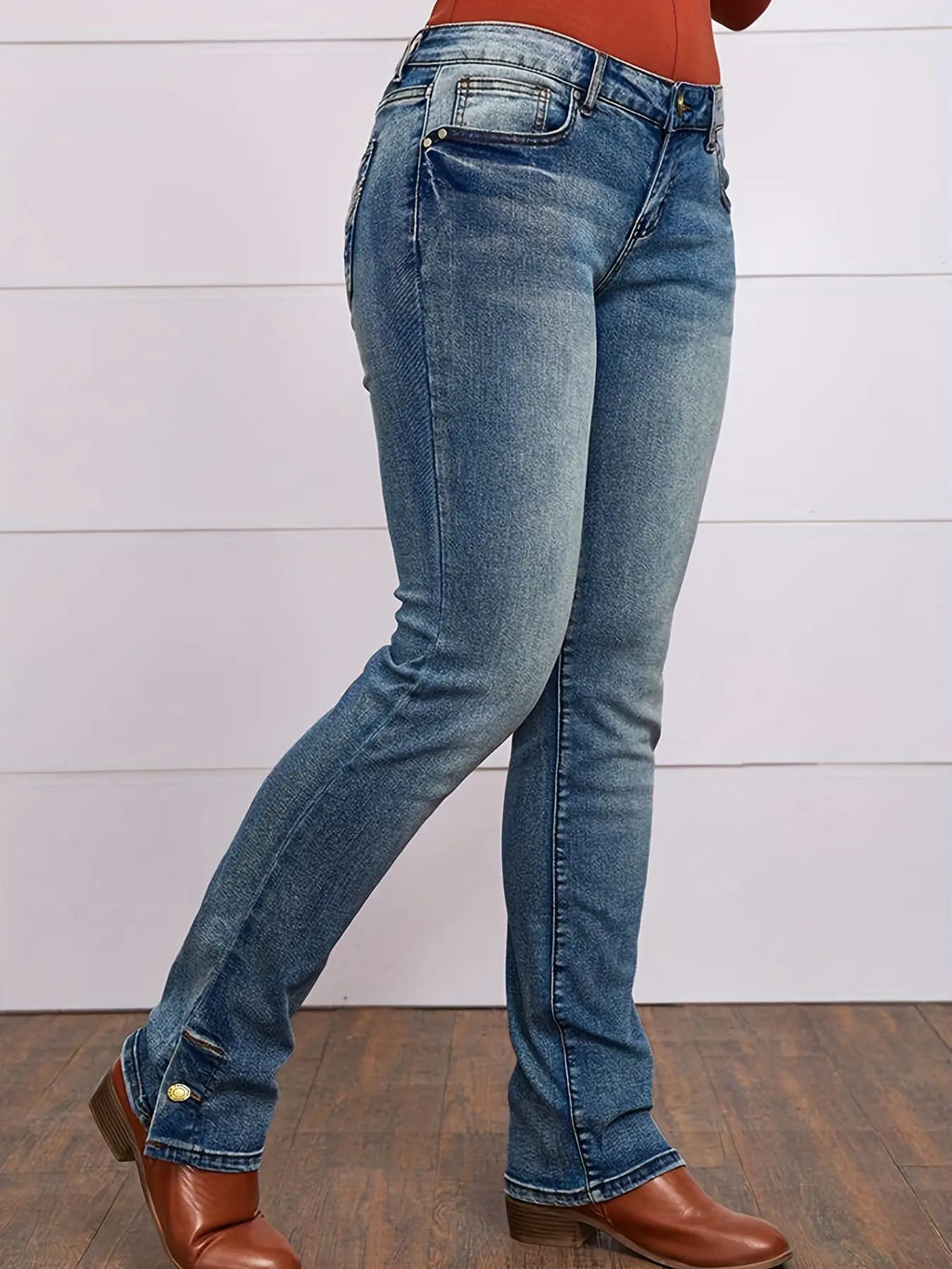 Women's Stretchy Straight-Leg Embroidered Denim Pants