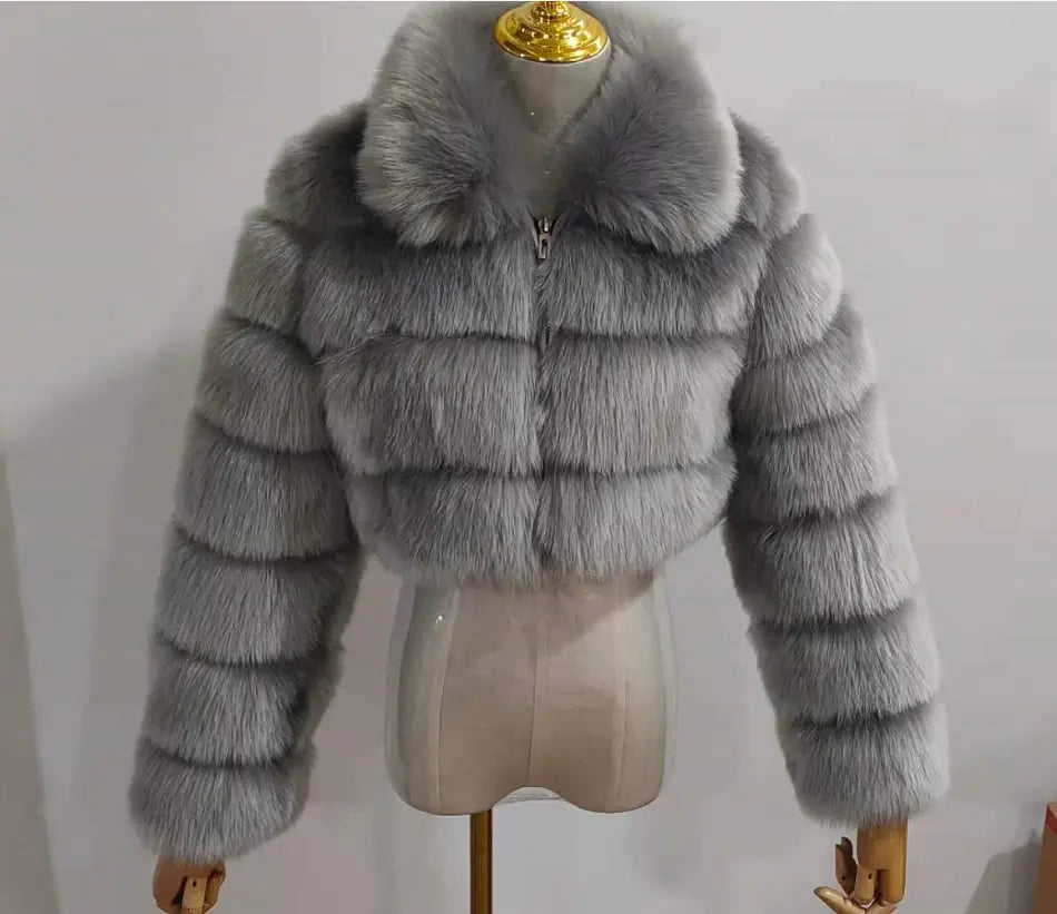 Faux Fur Women's Short Jacket with Lapel and Long Sleeves