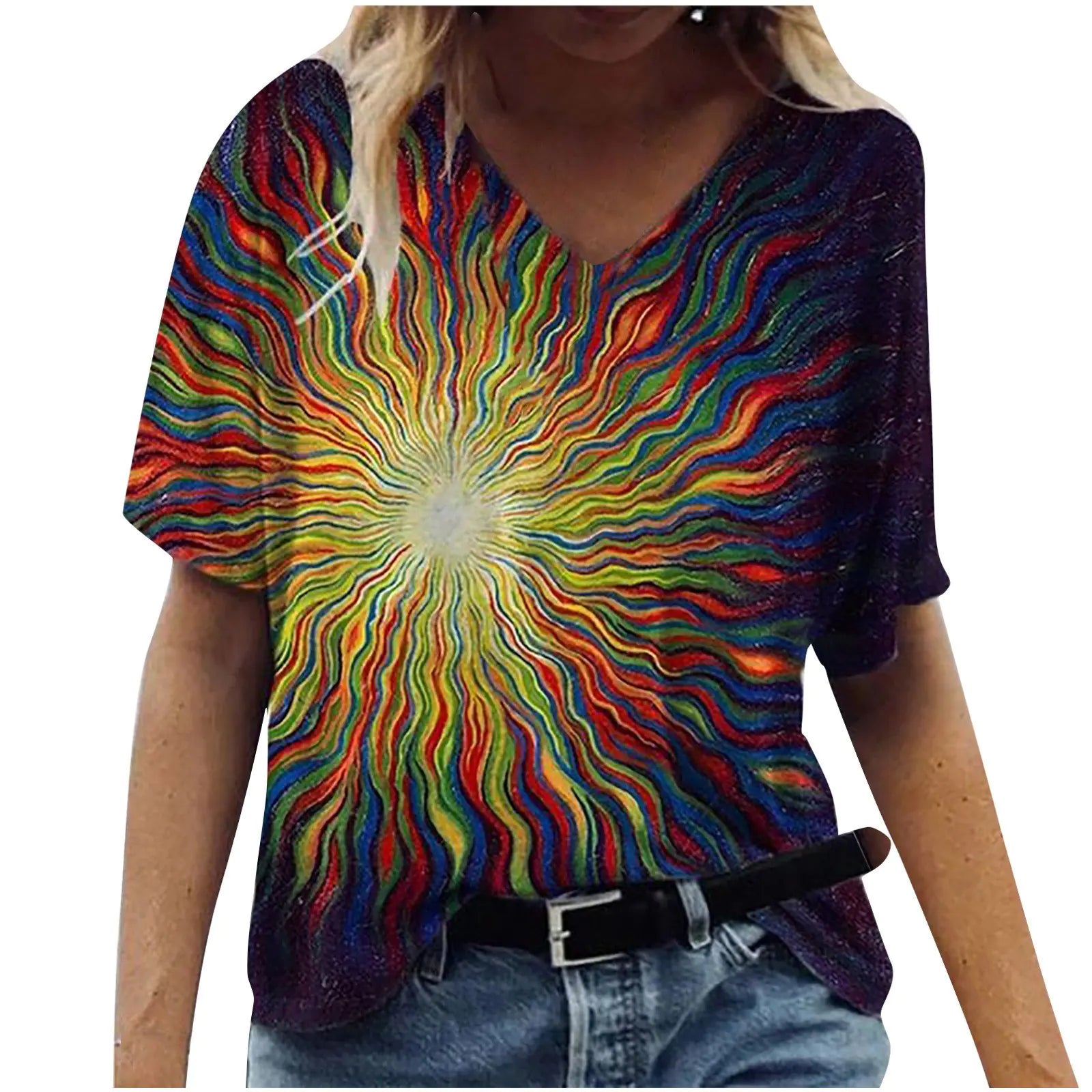 New Women's Printed V-neck Loose Short Sleeve T-shirt