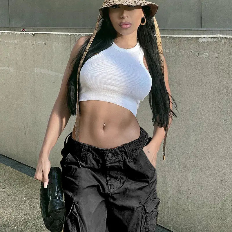 Black Wide Leg Cargo Pants for Women's Vintage Style