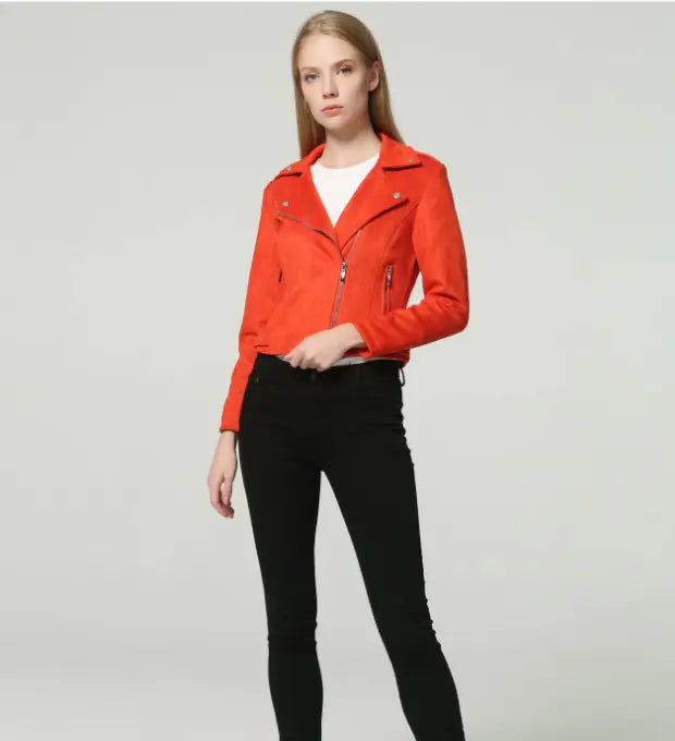 Short Women's Suede Jacket with Asymmetrical Zipper