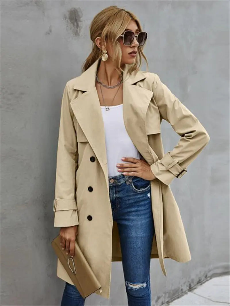 Elegant Women's Long Sleeve Double Breasted Trench Coat