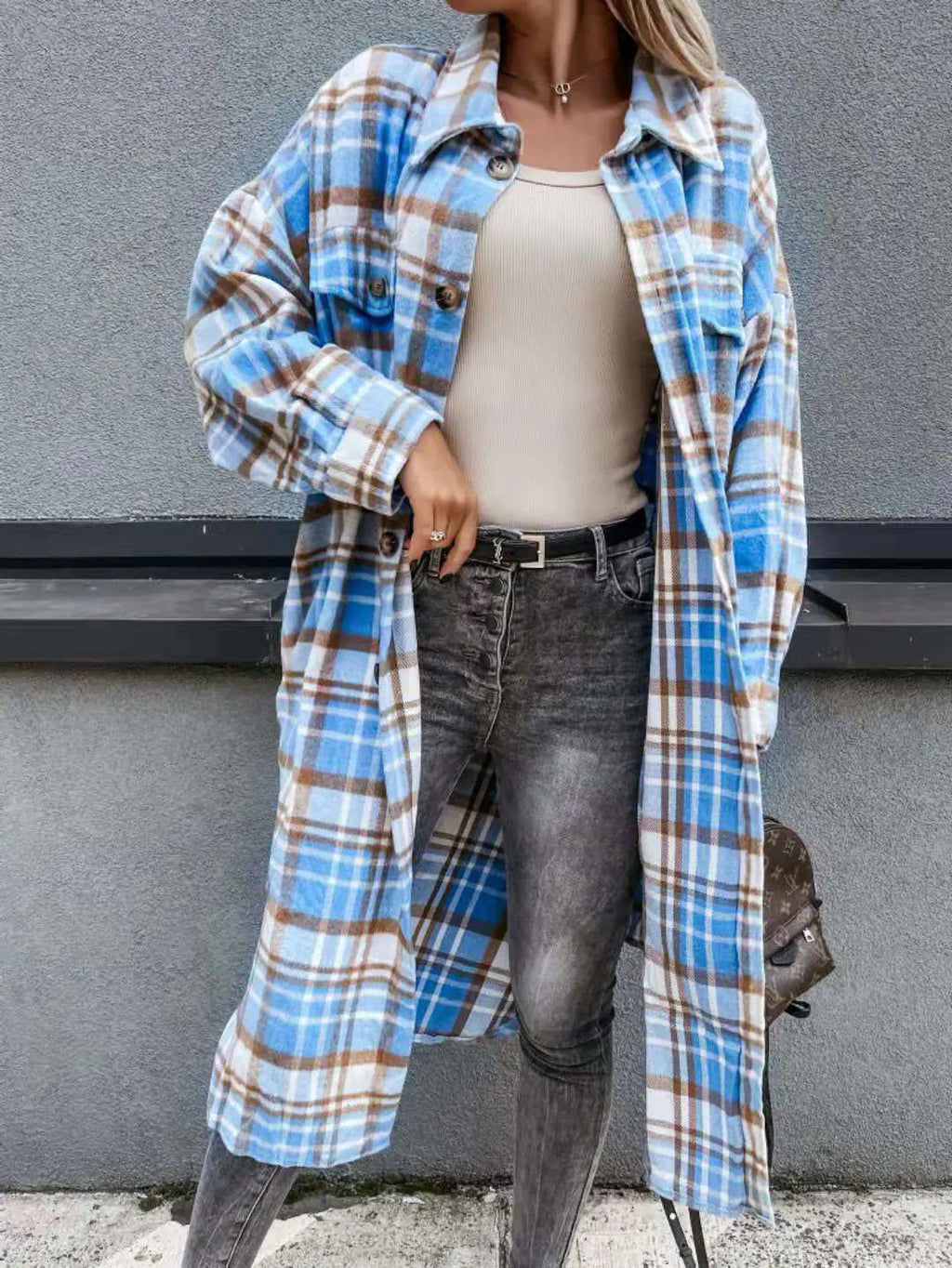 Loose Blue and White Plaid Woolen Long Coat