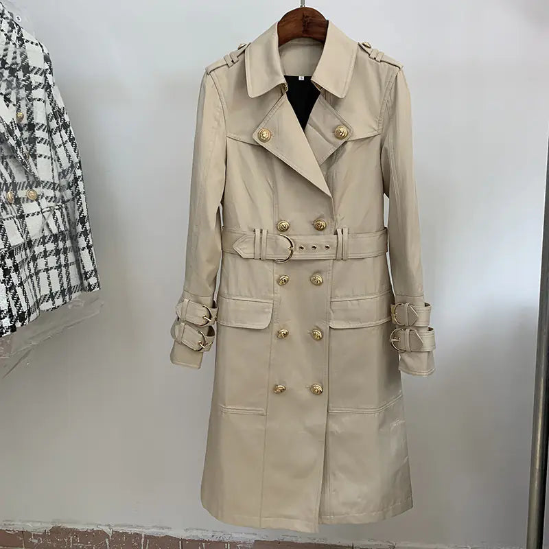 Double-Breasted Belted Long Trench Coat