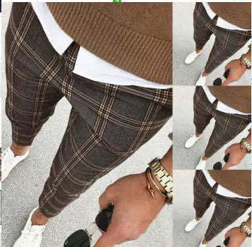 Men's Solid Color Plaid Casual Trousers