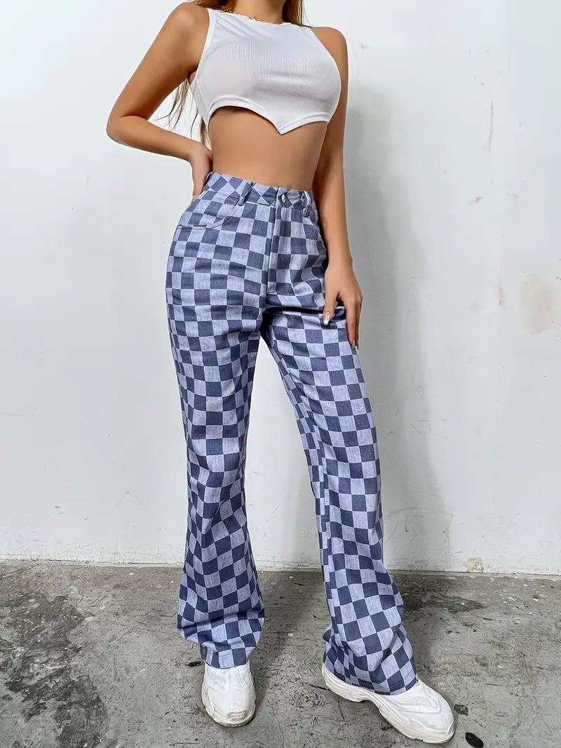 Colorblock Plaid High Waist Wide Leg Denim Jeans