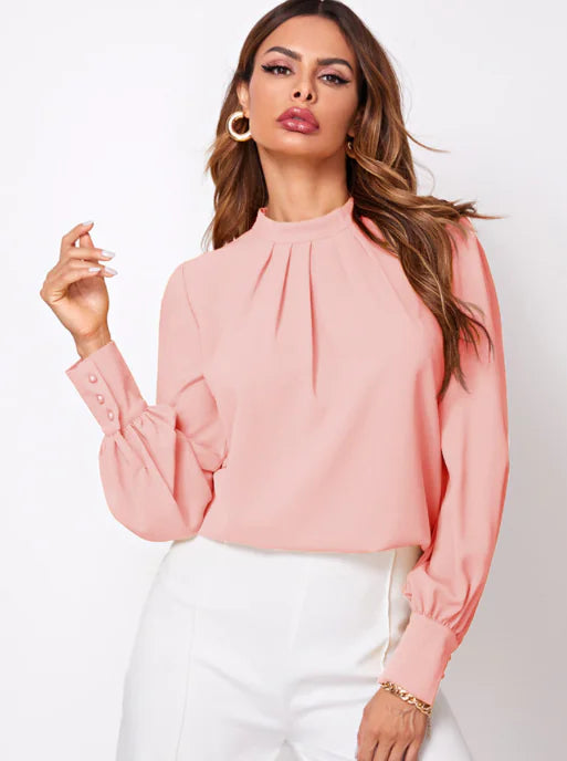 Pleated Stand Collar Chiffon Shirt for Women