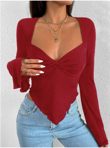 Irregular Knitted V-neck Long-sleeve Women's T-shirt