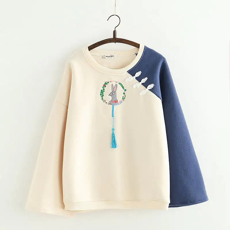 Japanese Cartoon Rabbit Embroidery Velvet Sweater