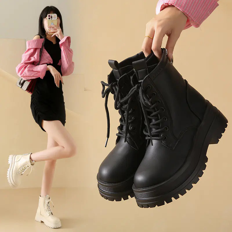 British Style Women's Thick-Soled Leather Boots