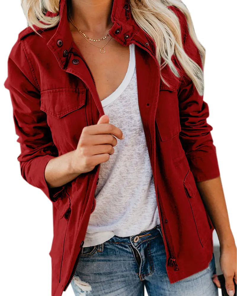 Solid Color Lapel Zipper Short Jacket for Women