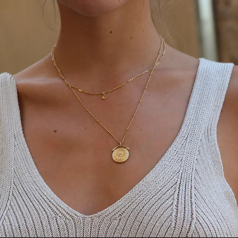 18K Gold-Plated Coin Layered Chain Necklace