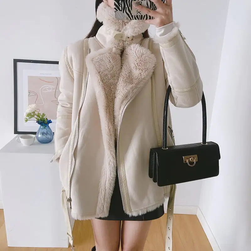 Thick Velvet Loose-fitting Lamb Hair Motorcycle Jacket