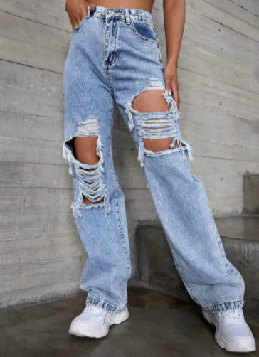 Women's Light Blue Distressed High Waist Denim Jeans