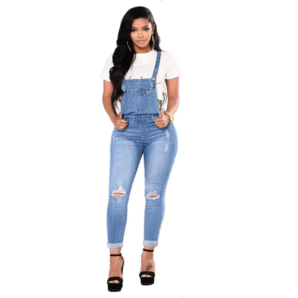 Ripped Denim Suspender Pencil Pants for Women