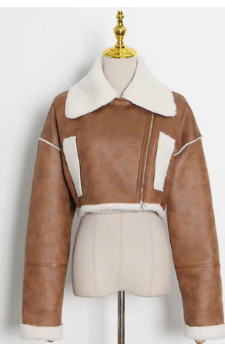 Faux Fur Lined Short Leather Jacket for Women