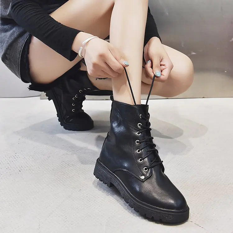 Women's Martin Boots - Flat Short Chunky Heel (UK Style)