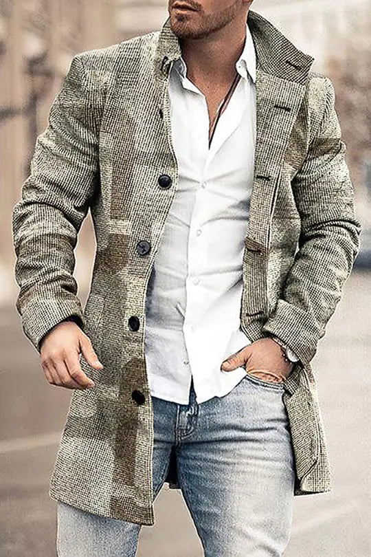 Men's Woolen Mid-length Trench Coat with Stand Collar
