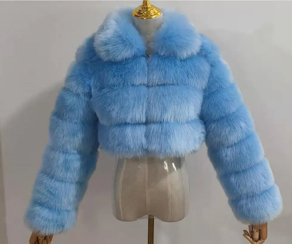 Faux Fur Women's Short Jacket with Lapel and Long Sleeves