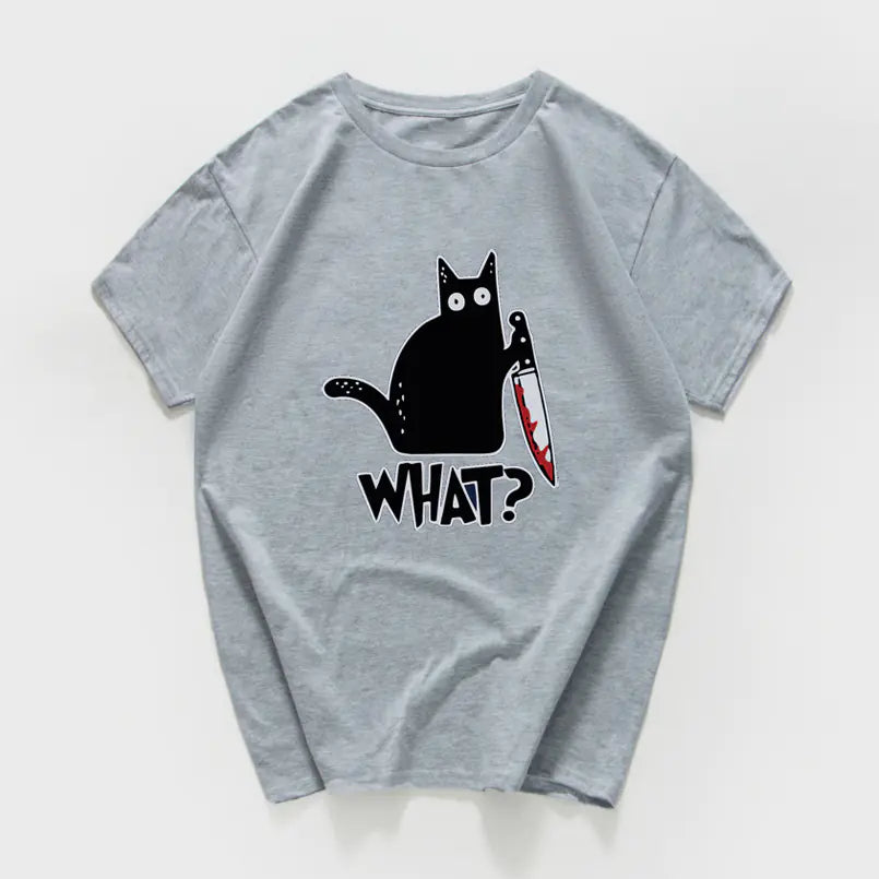 Funny Cat Knife Graphic T-Shirt for Students (Cotton)