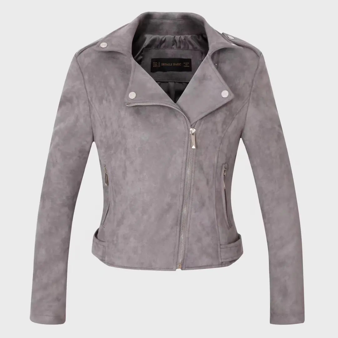 Short Women's Suede Jacket with Asymmetrical Zipper