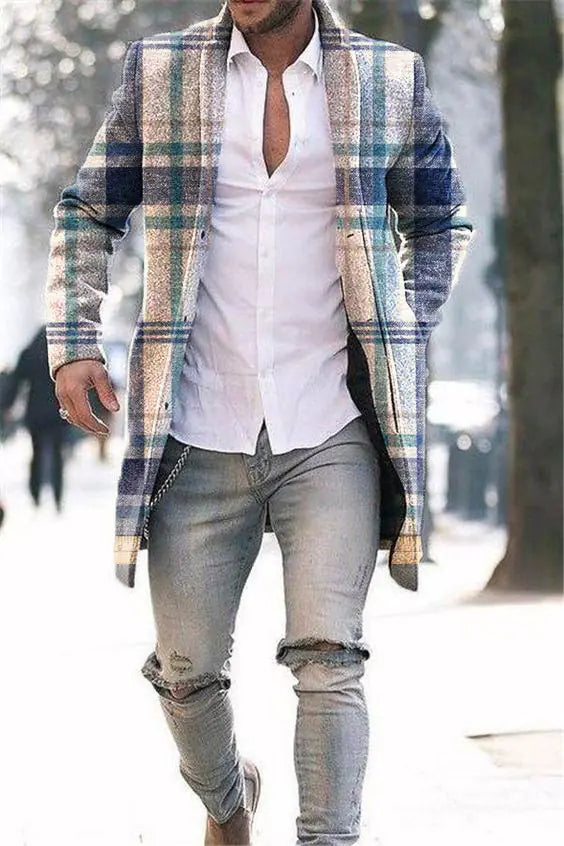 Men's Woolen Mid-length Trench Coat with Stand Collar