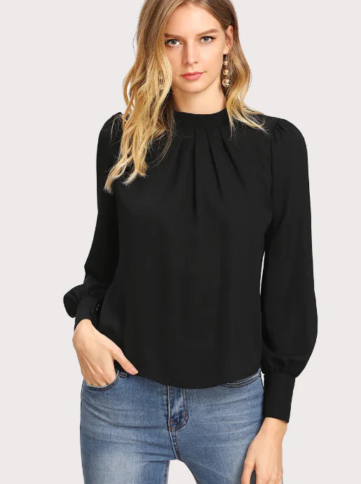 Pleated Stand Collar Chiffon Shirt for Women