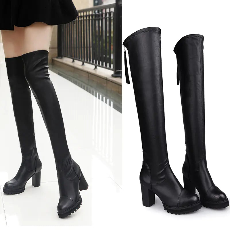 Over-the-Knee High Heeled Stretch Boots for Slim Legs