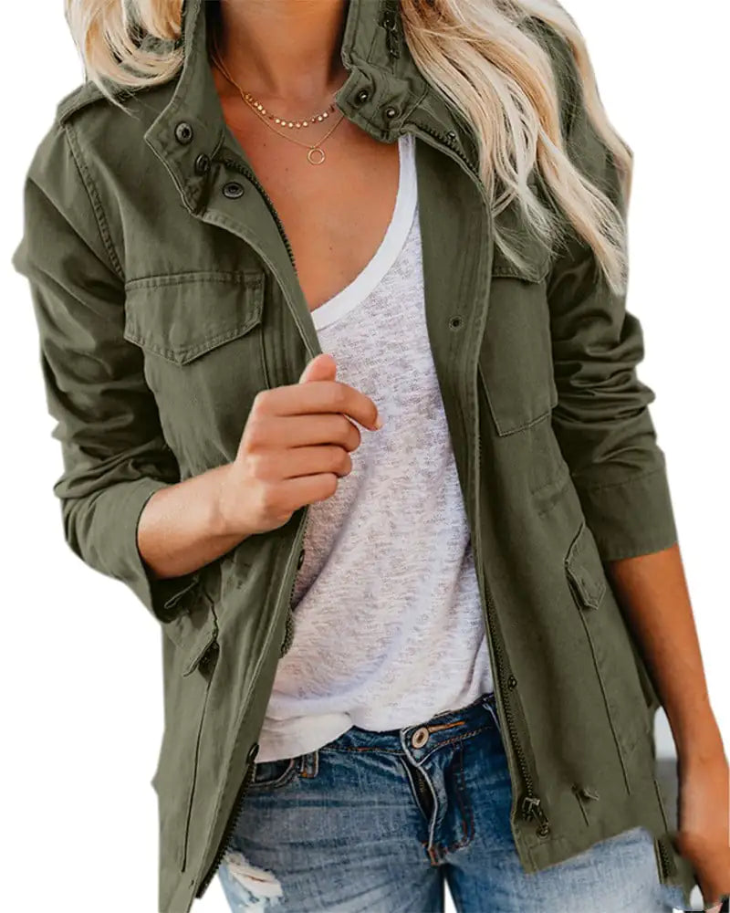 Solid Color Lapel Zipper Short Jacket for Women