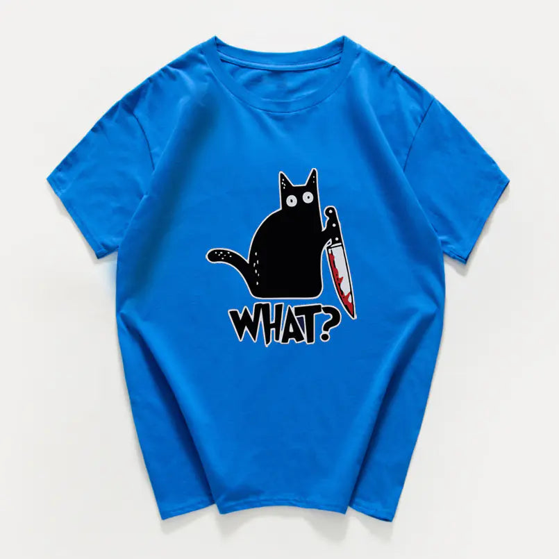 Funny Cat Knife Graphic T-Shirt for Students (Cotton)