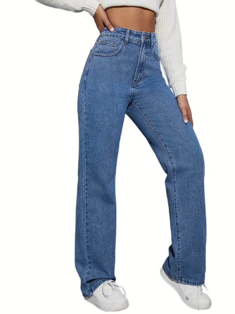 High Waist Loose Blue Denim Straight Leg Pants