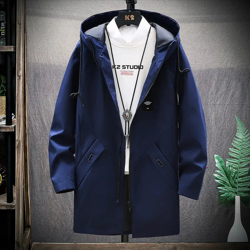 Men's Casual Mid-Length Loose Hooded Trench Coat