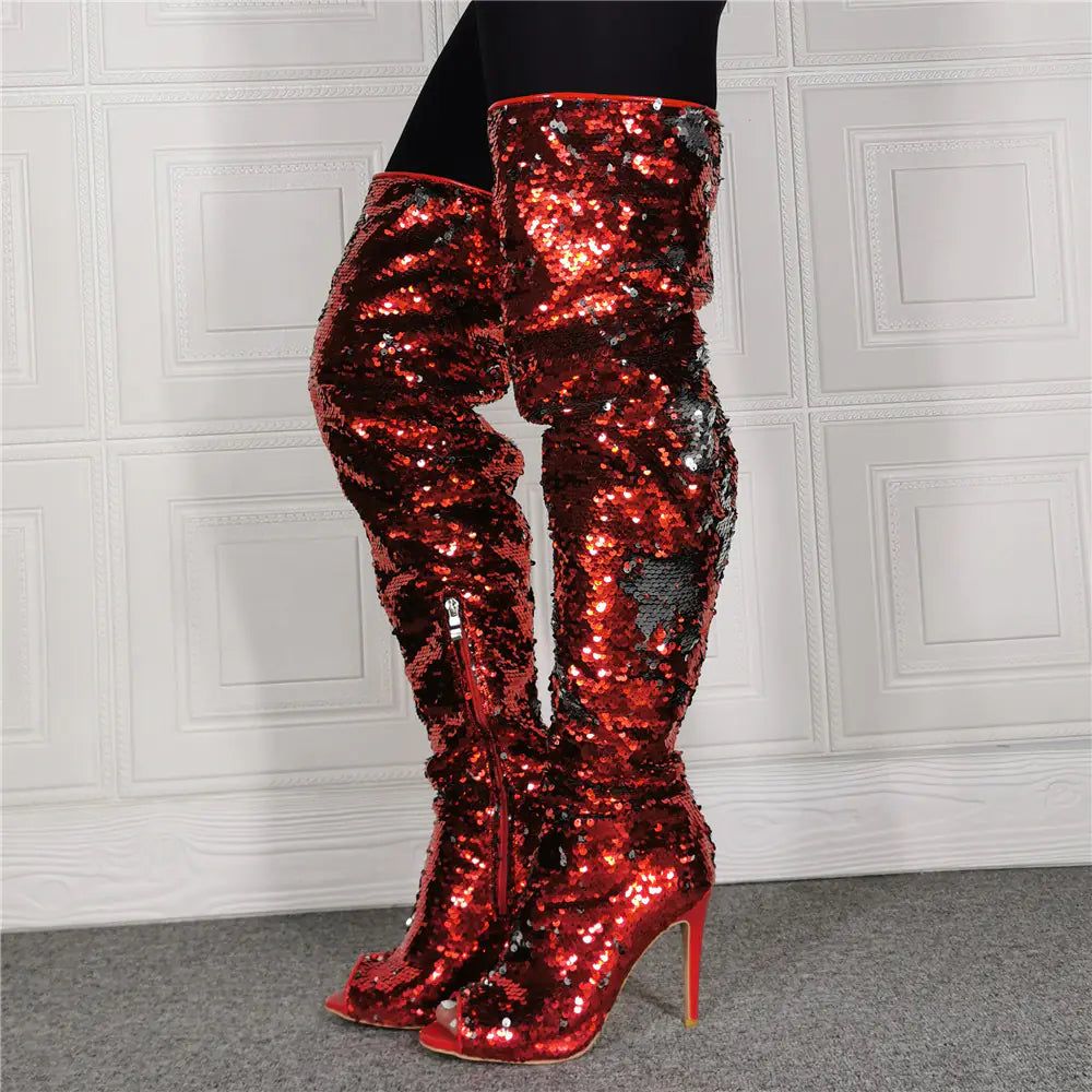 Sequin High Heel Over Knee Fish Mouth Boots for Women