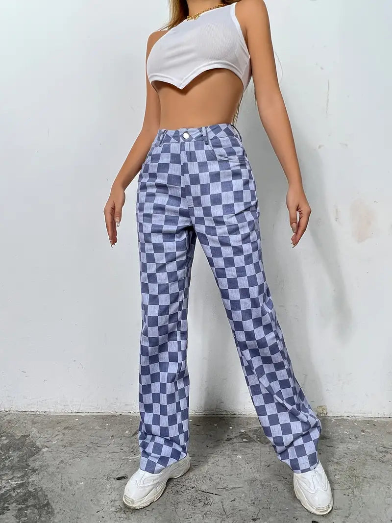 Colorblock Plaid High Waist Wide Leg Denim Jeans