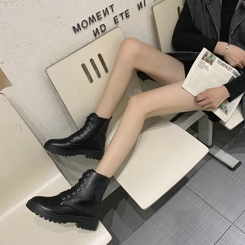 Women's Martin Boots - Flat Short Chunky Heel (UK Style)