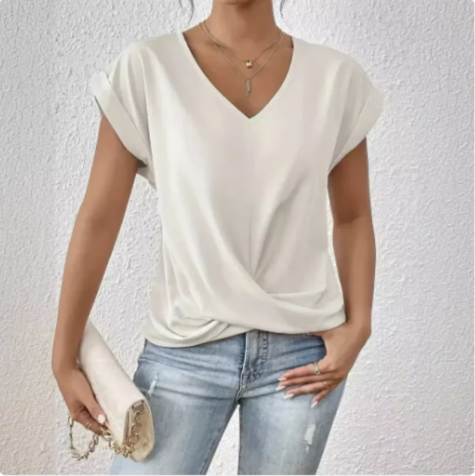 Damen V-Ausschnitt unregelmäßig geknotetes Kurzarm-T-Shirt