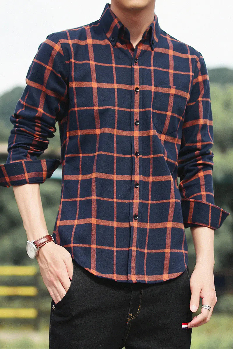 Men's Casual Slim Fit Cotton Plaid Long Sleeve Shirt
