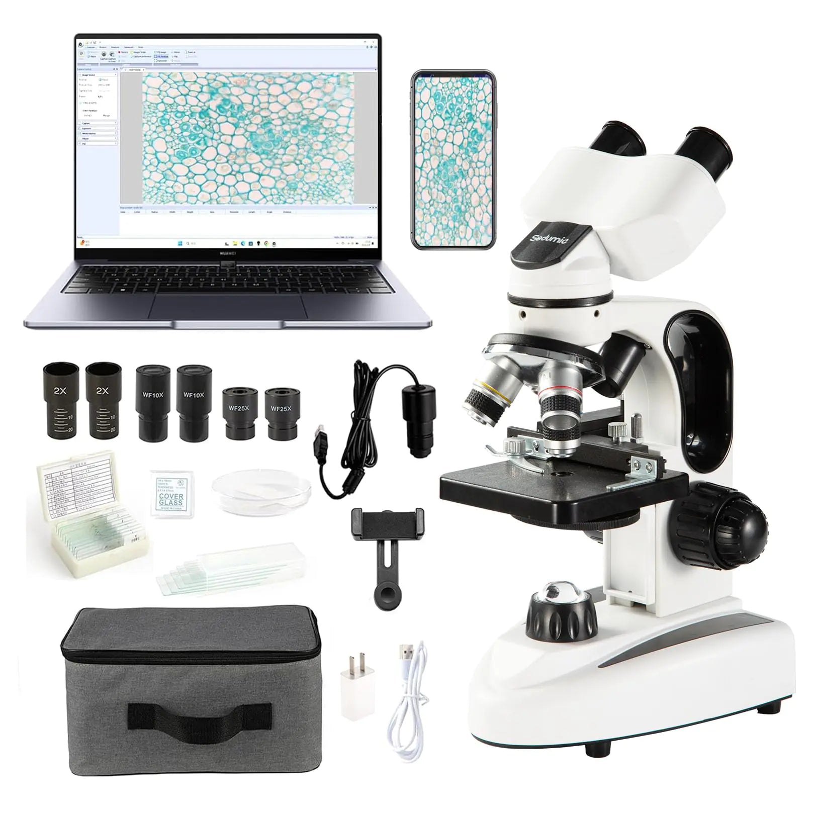 Sedumic Binocular Biological Microscopes 40X-2000X Microscopes for Kids Students Adults with 2mp Camera Microscope Slides Set Phone Adapter