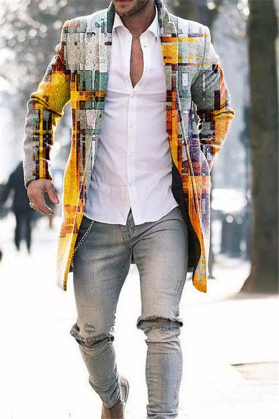 Men's Woolen Mid-length Trench Coat with Stand Collar