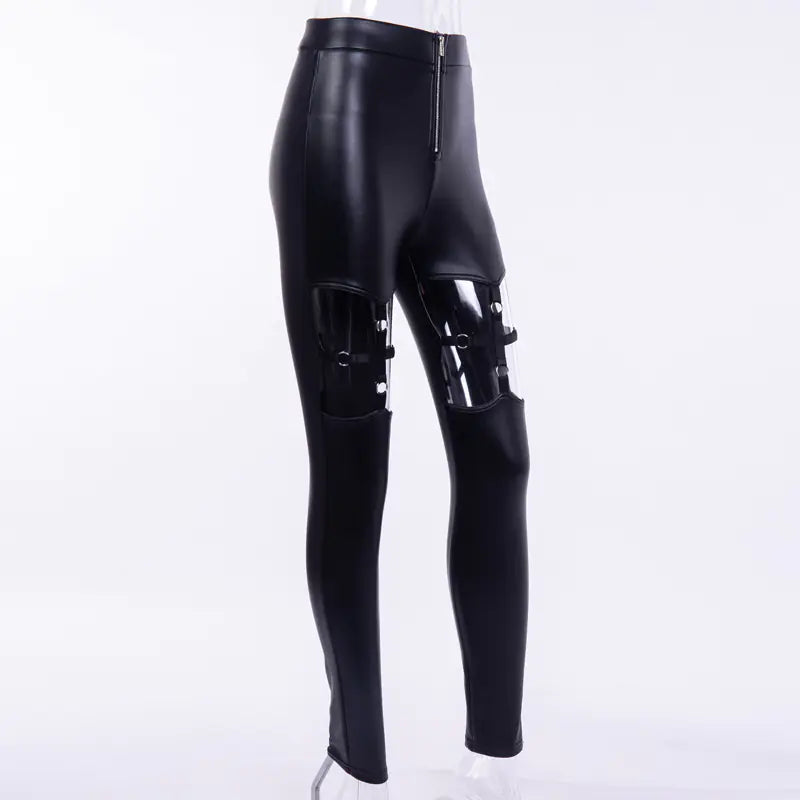 High Elasticity PU Leather Pants with Mesh Straps for Women